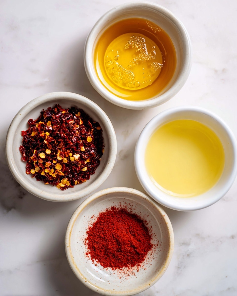 The image shows four small white bowls arranged in a loose diamond shape on a white marbled surface. The top bowl contains a golden amber liquid with tiny bubbles, giving it a smooth and shiny look. The left bowl holds crushed red chili flakes with mixed shades of dark red, brown, and light yellow seeds, showing a rough texture. The right bowl contains a light yellow clear liquid, smooth and glossy in appearance. The bottom bowl features a small pile of bright red powder, finely ground with a velvety texture. photo taken with an iphone --ar 4:5 --v 7