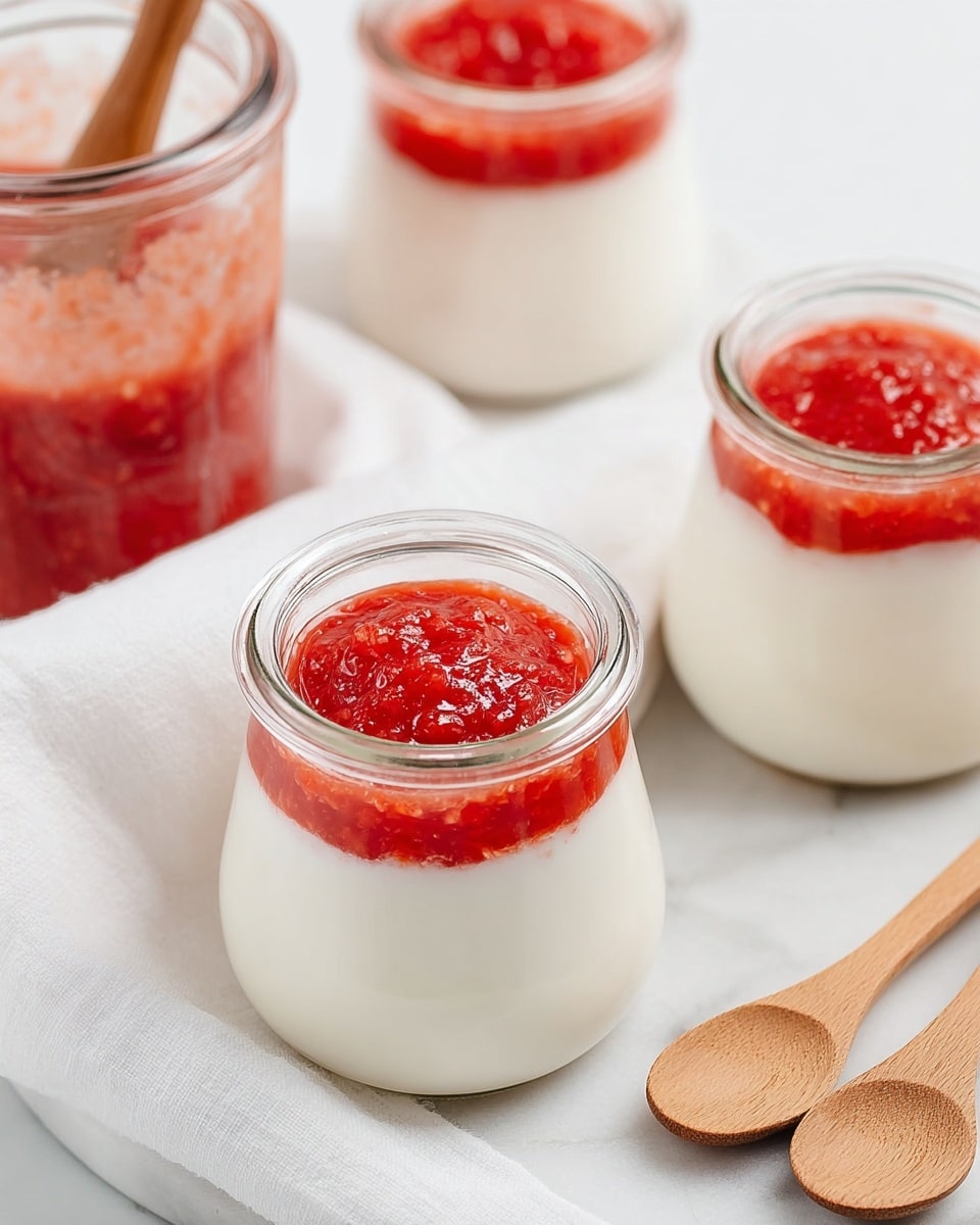 Three small clear glass jars each have two layers: a thick white creamy base at the bottom and a bright red chunky sauce on top. The jars sit on a white marbled surface with a white cloth nearby. To the left, there is a clear jar filled with the same red sauce and a wooden spoon inside. Two small wooden spoons rest on the surface to the right. The scene is bright and clean, showing the contrast between the smooth white layer and the textured red sauce on top. Photo taken with an iphone --ar 4:5 --v 7
