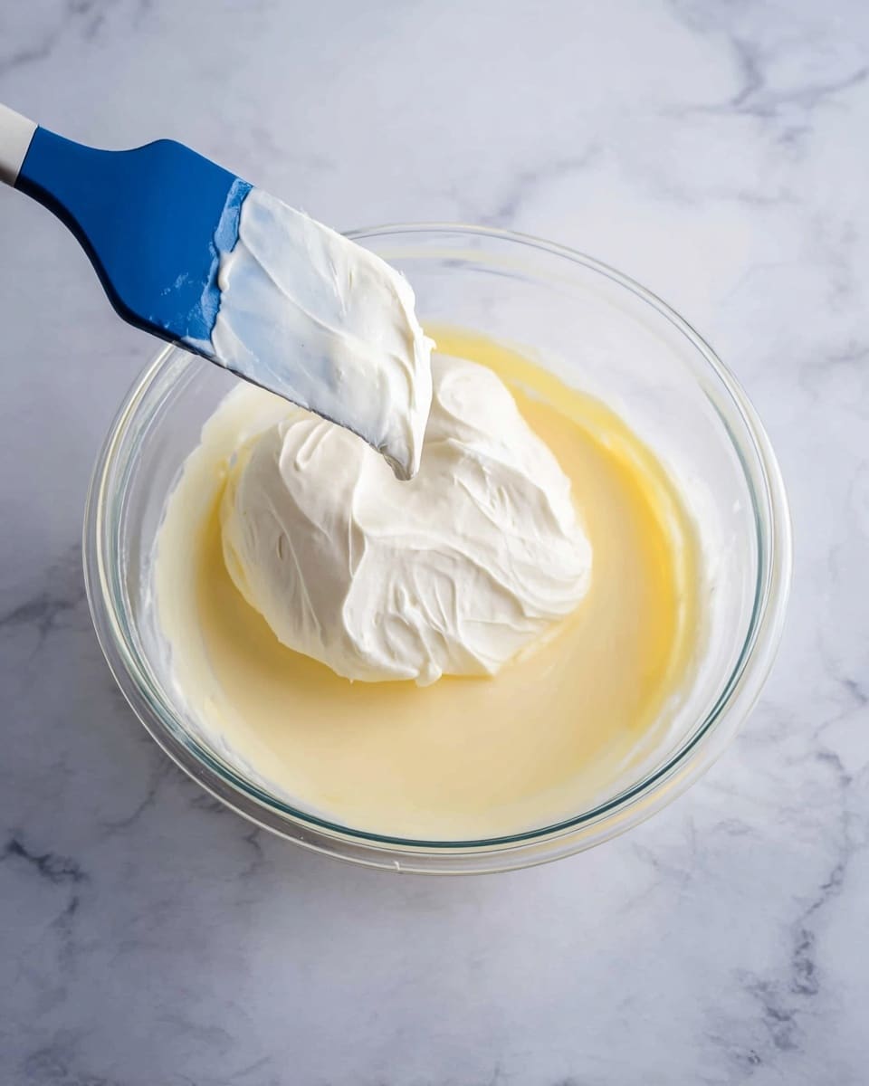 A clear glass bowl on a white marbled surface holds two layers of ingredients: the bottom layer is smooth and creamy, pale yellow mixture, and on top is a large dollop of thick, white whipped cream. A blue spatula with white cream is held above the bowl, ready to add more. The scene has soft, natural light highlighting the creamy textures and gentle colors. photo taken with an iphone --ar 4:5 --v 7