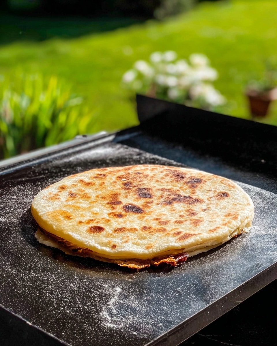 A round flatbread with a golden-brown, toasted surface and small darker browned spots lies in the center of a black griddle. The flatbread has a slightly puffed texture with visible layers, and a small piece of crispy browned dough peeks out from underneath the edge. The griddle has some scattered white flour dust on its surface. In the background, there is a blurred green lawn and some plants with white flowers, and the whole scene is lit by bright natural light photo taken with an iphone --ar 4:5 --v 7