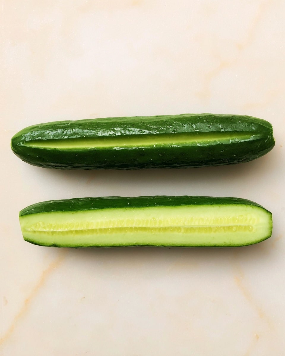The image shows two long cucumber halves placed horizontally on a white marbled surface. Both cucumbers have a darker green skin with one long strip peeled off in the middle, revealing a lighter green, smooth inner layer. The top cucumber half is straight while the bottom one is slightly curved. There are no other objects in the image. photo taken with an iphone --ar 4:5 --v 7
