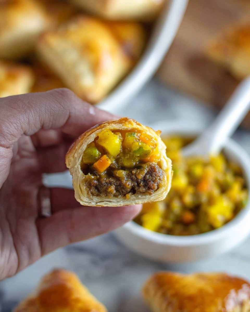 A close-up view of a small pastry held in a woman's hand shows three layers: a light golden, flaky outer crust, a middle layer of brownish cooked meat, and a top layer of bright yellow and green vegetable mix with a glossy texture featuring small orange vegetable pieces. In the background, a white bowl filled with the same yellow vegetable mix and a white spoon is slightly blurred. The setting is on a white marbled surface with other golden-brown pastries partially visible. Photo taken with an iphone --ar 4:5 --v 7