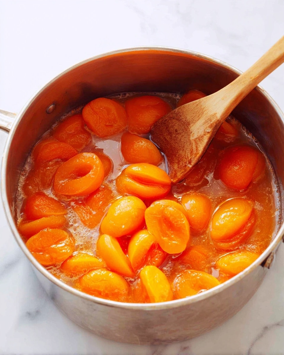 The image shows a metal pot filled with soft, cooked apricot halves in a thick, syrupy orange sauce. The apricots appear tender and glossy, coated evenly by the sauce, which pools slightly around the fruit. A wooden spoon is partially immersed in the mixture, with its handle resting on the edge of the pot. The pot sits on a white marbled surface, creating a clean and bright setting. photo taken with an iphone --ar 4:5 --v 7