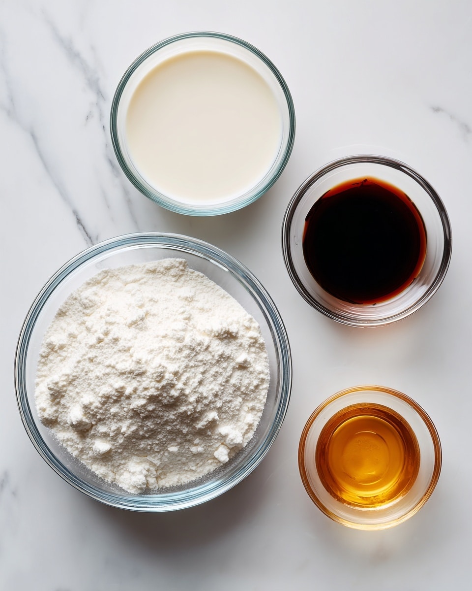 The image shows four clear glass bowls placed on a white marbled surface. The largest bowl is at the bottom left and contains a heap of white powdered sugar with a fine, fluffy texture. Above this, slightly to the left, is a small bowl filled with light cream-colored milk that looks smooth and liquid. To the right of the milk bowl, another small bowl holds dark brown vanilla extract with a glossy liquid surface. Below the vanilla extract bowl, near the bottom right, there is a small bowl with light golden, clear light corn syrup. Each bowl is labeled with bold black text on a white background above it. photo taken with an iphone --ar 4:5 --v 7