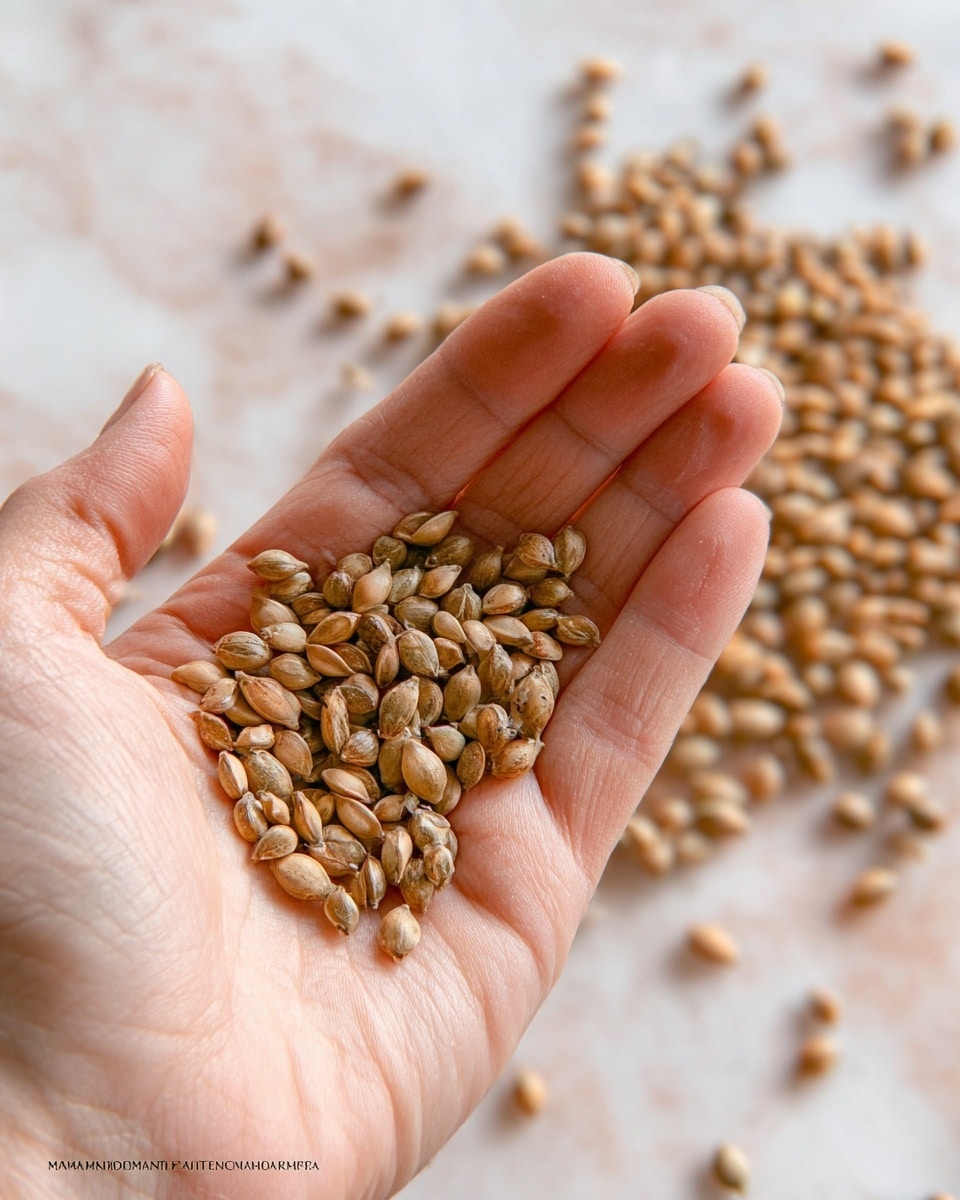 A close-up view of a woman's hand holding small, light brown seeds with a smooth texture. The seeds are oval-shaped and fill the palm, with some spilling gently over the edges of the fingers. In the background, more seeds are scattered softly across a white marbled surface, creating a delicate and natural scene. The colors mainly include the natural skin tone of the woman's hand and various shades of brown in the seeds. photo taken with an iphone --ar 4:5 --v 7