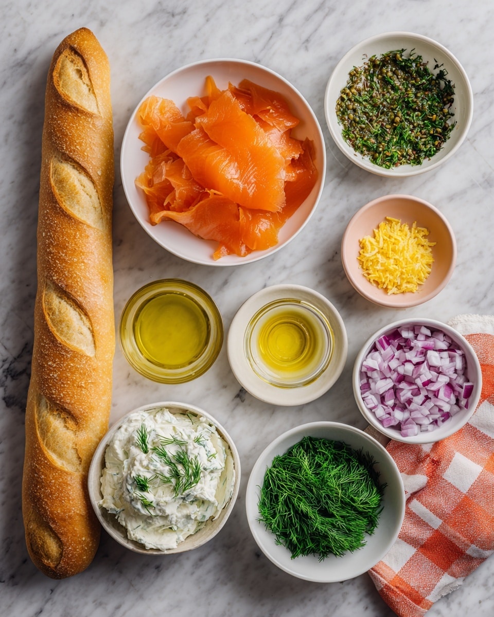The image shows ingredients arranged on a white marbled surface. From left to right and top to bottom, there is a long golden baguette on the left side extending diagonally, a white bowl near the top center filled with bright orange smoked salmon slices, and beside it a folded orange and red checkered cloth. Below the salmon, there is a small white bowl with lemon zest, a white bowl with green capers, and a tub of herb and garlic cream cheese placed at the bottom left. In the center, there is a small clear glass container with yellow olive oil and a small peach-colored bowl with lemon juice next to it. To the right, a white bowl holds finely chopped green dill and at the bottom right there is another white bowl filled with chopped red onion. Photo taken with an iphone --ar 4:5 --v 7