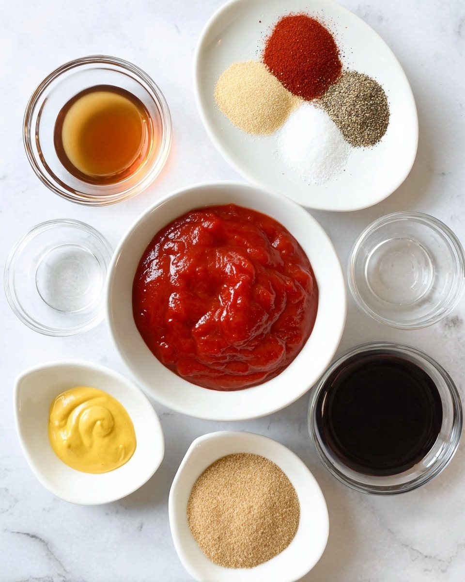 The image shows seven small white dishes and bowls arranged on a white marbled surface, each holding a different ingredient. At the center is a white bowl filled with thick, bright red tomato sauce that has a bit of texture. Behind it is a white plate with five small piles of spices: deep red paprika at the top, light beige garlic powder and onion powder on the left, black pepper on the right, and white salt below. To the left, a small clear glass bowl contains light brown apple cider vinegar. To the right side, a small clear glass bowl holds light brown soft brown sugar. In front, a small white dish with smooth yellow mustard sits on the left, a small clear glass bowl of dark soy sauce is in the middle, and a white dish with thick, dark balsamic vinegar is on the right. Photo taken with an iphone --ar 4:5 --v 7