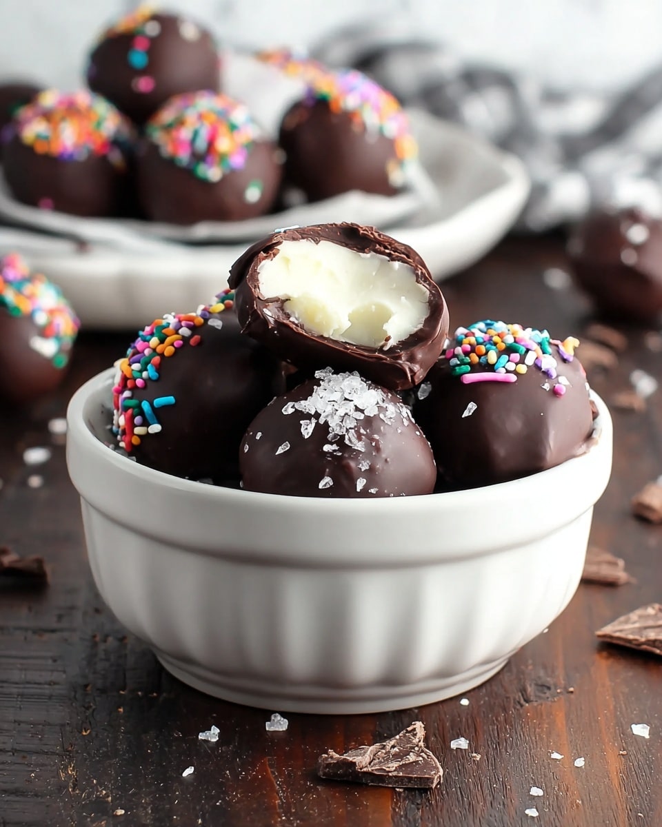 A white round bowl filled with dark chocolate balls, some topped with coarse sea salt and others with colorful sprinkles. One chocolate ball is broken open on top, showing a smooth, white creamy filling inside. The bowl sits on a dark wooden surface with scattered small chocolate pieces around. In the blurred background, more chocolate balls can be seen placed on white dishes against a white marbled texture. Photo taken with an iphone --ar 4:5 --v 7