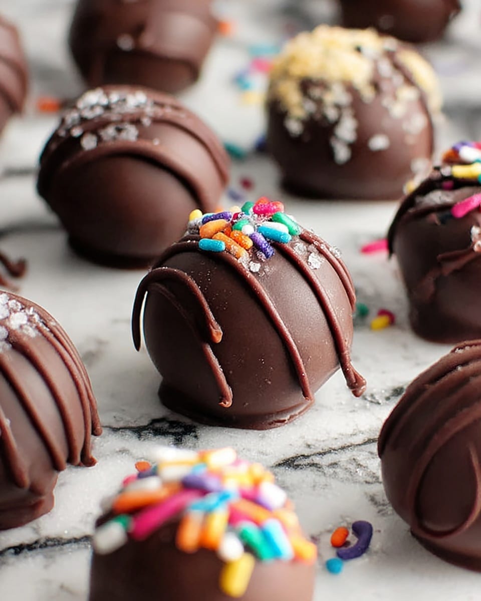 The image shows several round chocolate truffles placed on a white marbled surface, each one covered in smooth dark chocolate. Some truffles have a drizzle of chocolate on top, creating thin lines and swirls, while others are decorated with colorful rainbow sprinkles or white sugar crystals. The truffles are close together and vary slightly in texture, with some having a shiny finish and others a more matte look. The background is softly blurred, highlighting the truffles in the front. photo taken with an iphone --ar 4:5 --v 7