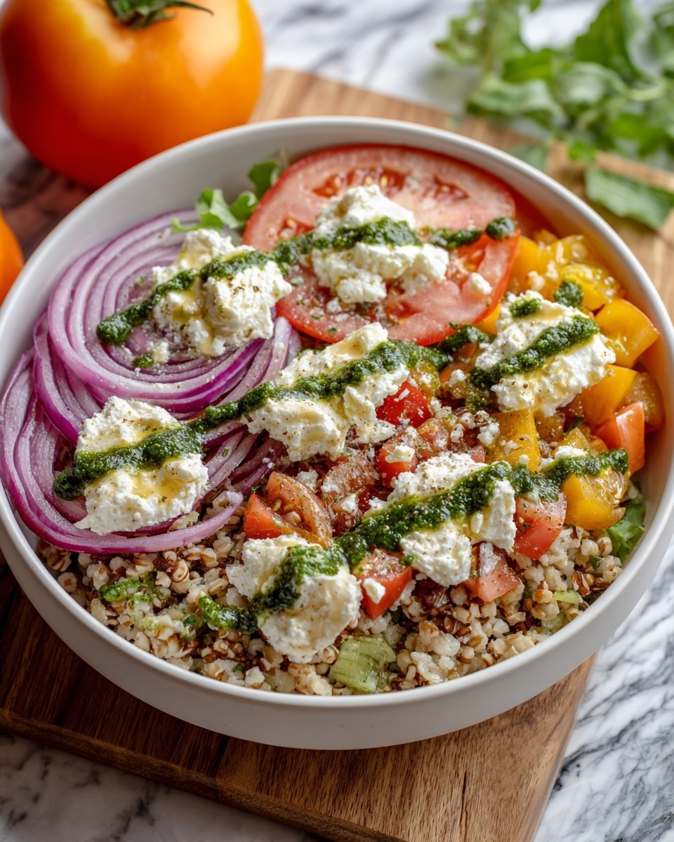 A white bowl filled with a colorful salad that has four main layers visible: the bottom layer is small, light brown grains, the next layer shows bright red and orange fruit pieces, scattered thin slices of purple onion are spread on top, and dollops of soft, white cheese are placed evenly around the salad, each topped with a drizzle of green sauce. Small green leaves are also sprinkled for garnish. The bowl sits on a wooden surface with a white marbled texture underneath, with a large orange tomato and some green leaves partially visible in the background. Photo taken with an iphone --ar 4:5 --v 7