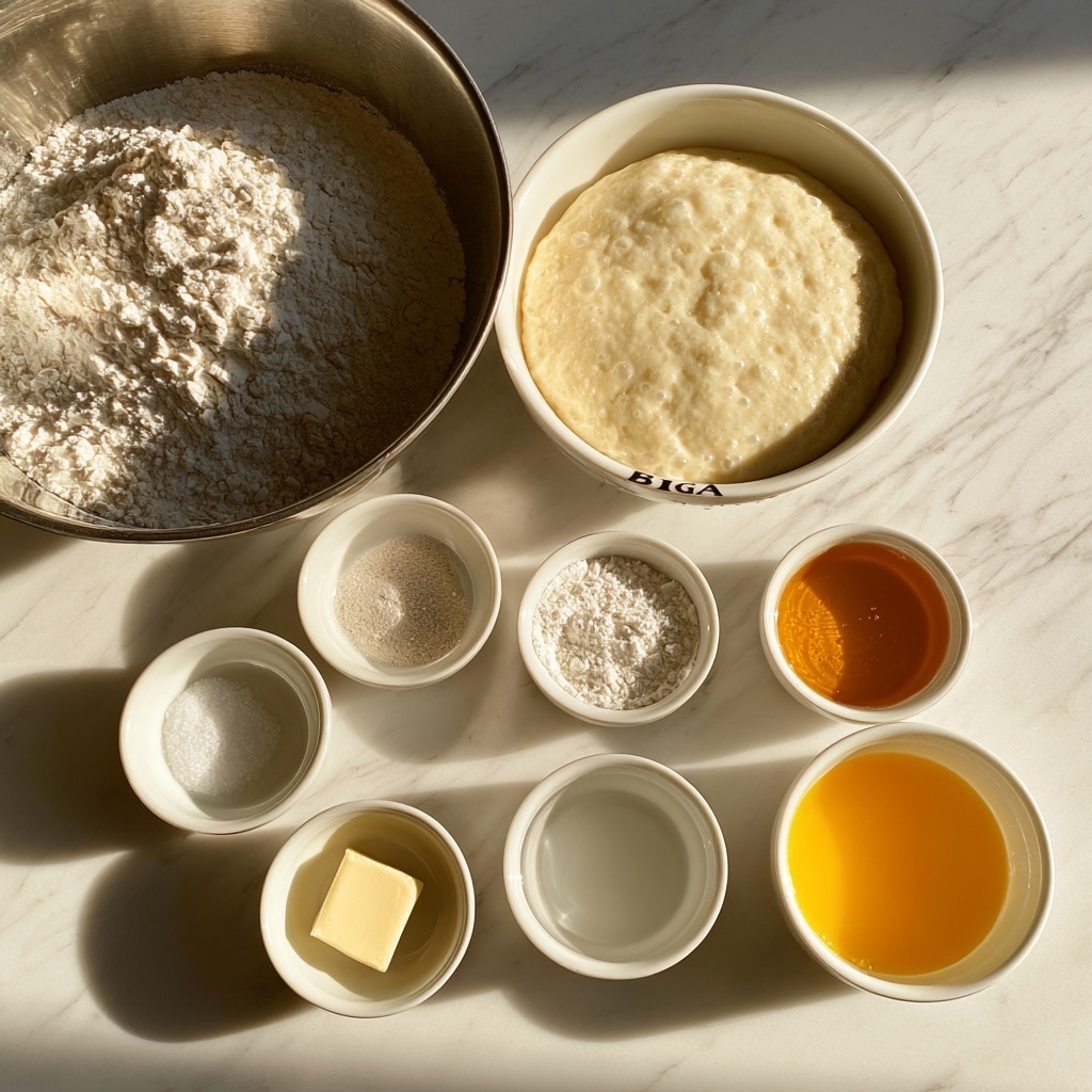 The image shows a top view of several small white bowls and one metal bowl placed on a white marbled surface. The metal bowl on the left is filled with white bread flour. To its right, a white bowl contains a pale, bubbly dough labeled