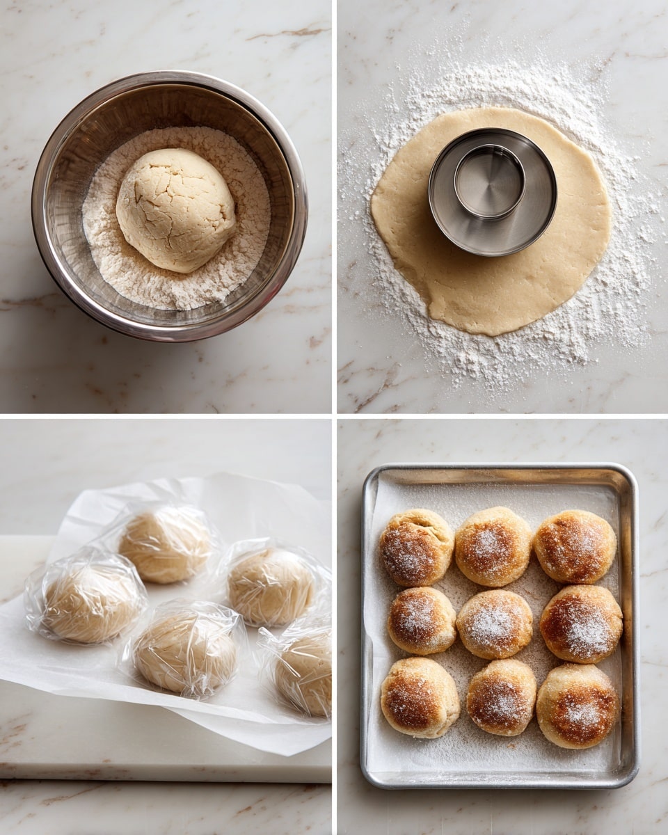 The image shows four steps of making dough rounds: in the first section, a ball of light beige dough with a rough texture rests inside a shiny metal bowl; next, rolled-out dough on a white marbled surface is being cut into round shapes using a metal round cutter, with two dough circles already cut out; in the third section, six small dough rounds covered with a clear plastic wrap sit spaced out on a white parchment-lined white tray; finally, in the fourth section, six golden-brown baked dough rounds dusted lightly with white flour are arranged on white parchment paper photo taken with an iphone --ar 4:5 --v 7