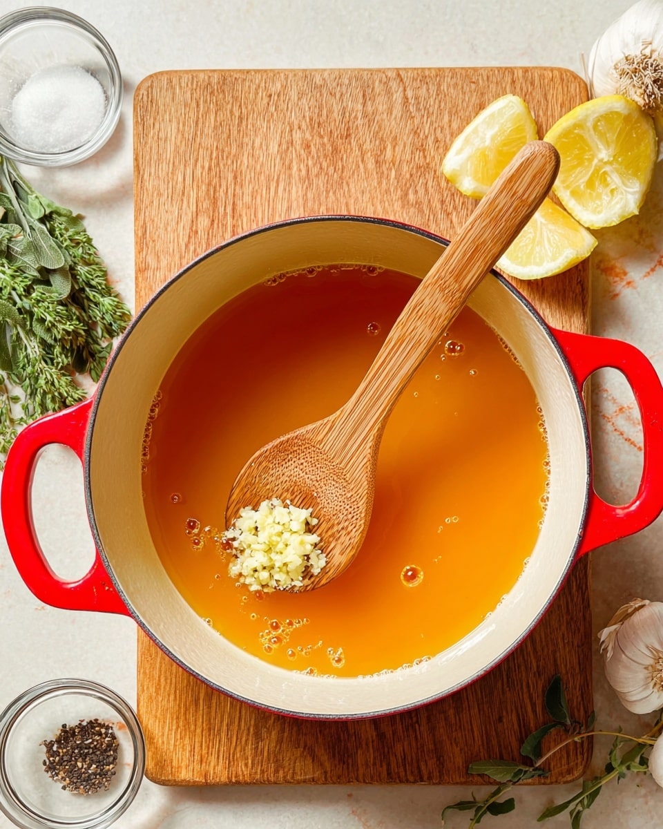 A bright red pot with a white inside surface holds a single layer of warm orange liquid with small bubbles on the surface. A wooden spoon with a slotted head is resting on the edge, carrying a small mound of finely minced light yellow garlic. The pot sits on a light wooden board that contrasts with the white marbled texture background. Around the pot are fresh green herbs, lemon wedges with pale yellow flesh, a garlic bulb, and small glass bowls with white and dark ingredients. Photo taken with an iphone --ar 4:5 --v 7