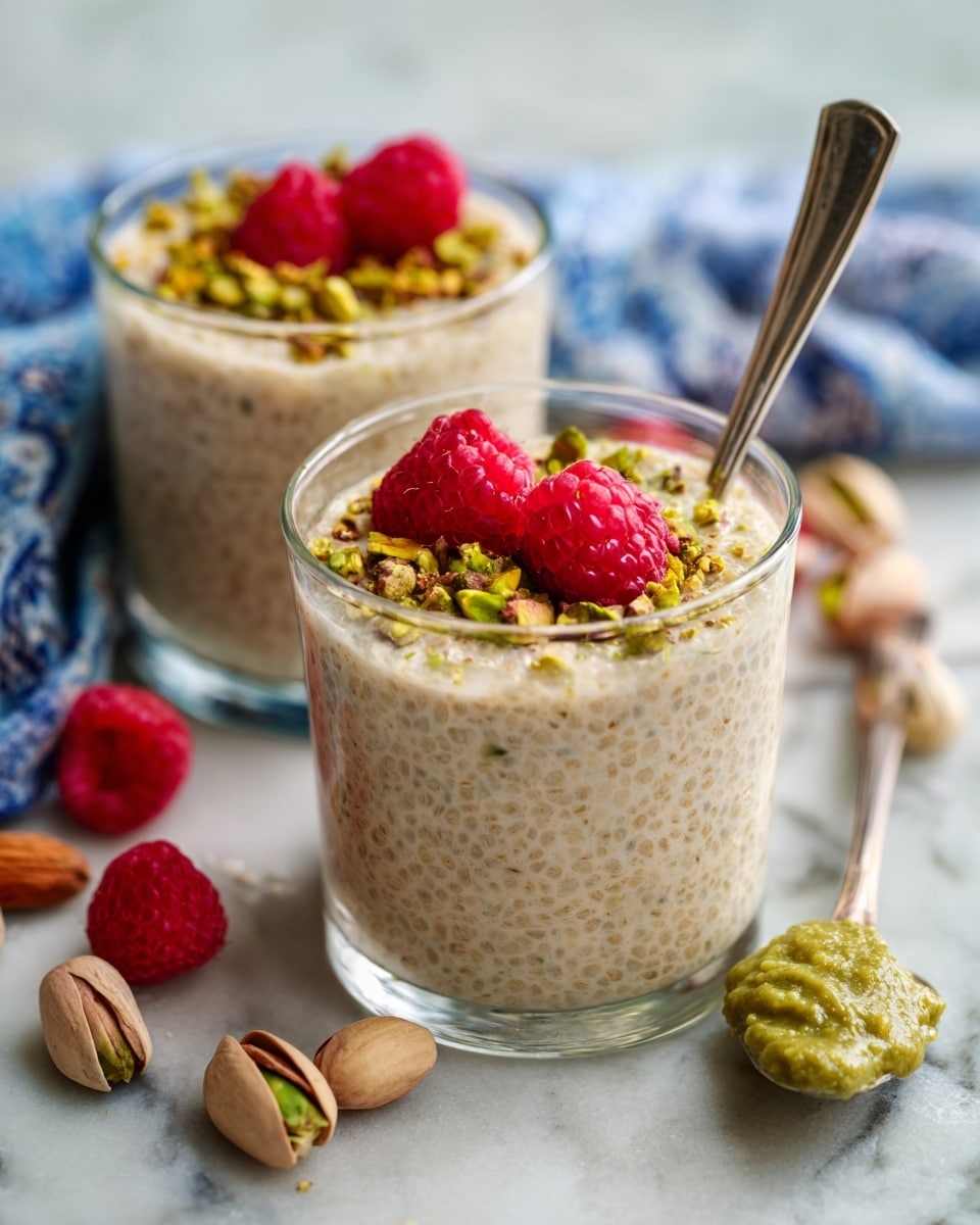 Two clear glass cups filled with a creamy white mixture that looks like oatmeal or yogurt, topped with bright red raspberries, chopped green pistachios, and a smooth green sauce swirled on top. The texture of the base mixture is thick and slightly chunky with visible seeds or grains. The cups sit on a white textured cloth with a blue-green striped pattern, placed on a white marbled surface, with some scattered pistachios and raspberries around. A metal spoon is placed inside one of the cups. photo taken with an iphone --ar 4:5 --v 7
