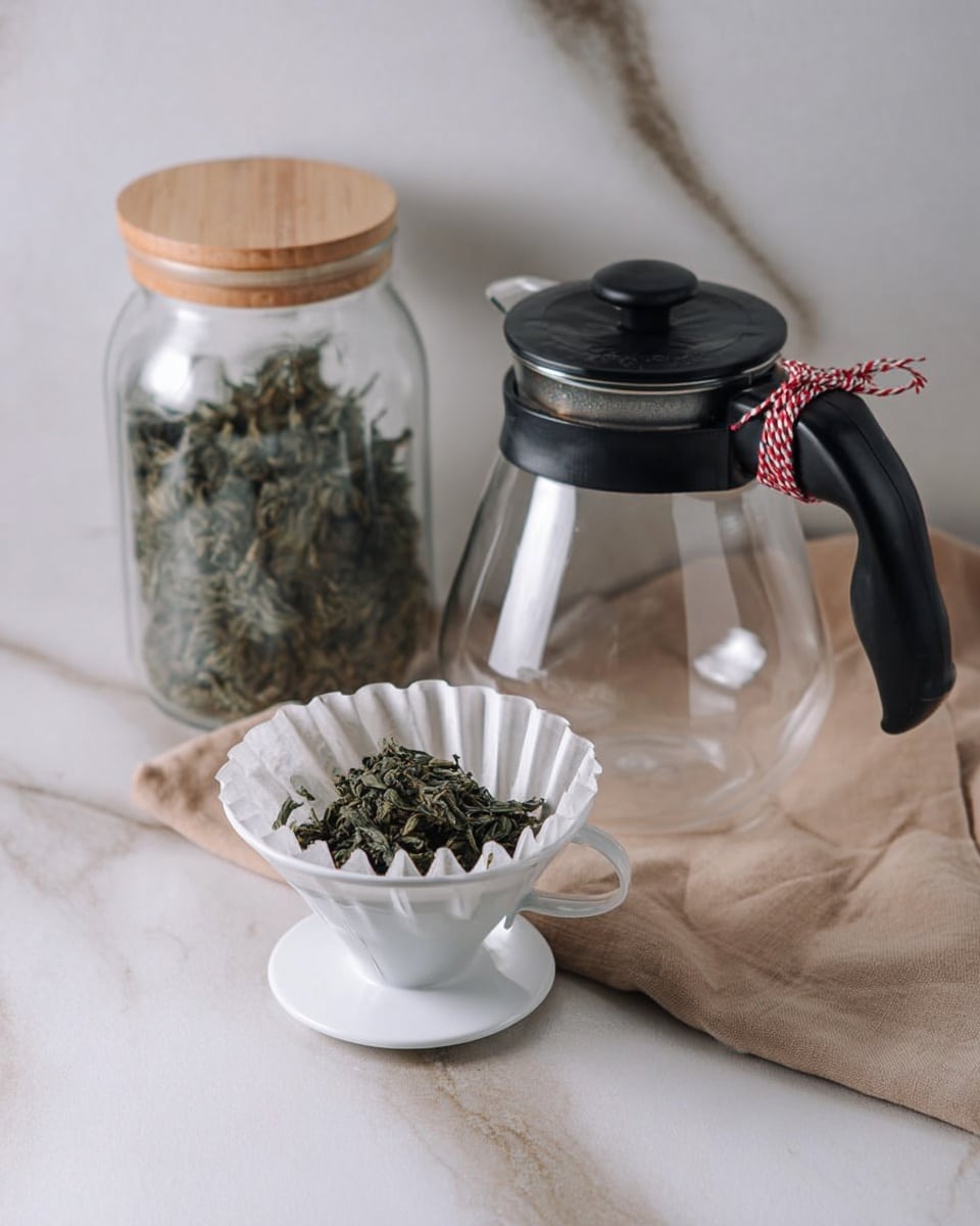 The image shows a white coffee filter at the front, filled with dry green leaves that look like tea. Behind it, there is a clear glass jar with a light wood lid, containing more green leaves. To the right, there is a clear glass coffee pot with a black handle and lid, the handle wrapped with a red and white string. The background and surface have a white marbled texture, and there is a beige cloth casually placed beside the jar. photo taken with an iphone --ar 4:5 --v 7