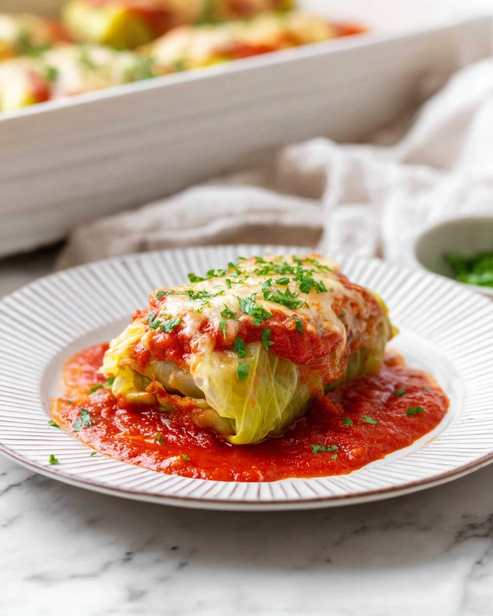 A single cabbage roll is placed at the center of a white plate with a ribbed texture. The roll is wrapped tightly in pale green cabbage leaves showing soft folds and a slight shine. It sits on a thick bright red tomato sauce that spreads on the plate underneath and around the roll. The cabbage roll is topped with melted cheese that has a light golden brown color and bubbly texture. Fresh green chopped herbs are sprinkled generously across the cheese and sauce, adding small bright green accents. The background is a white marbled surface with a soft off-white cloth partially visible on the side. In the blurred background, there is a white ceramic baking dish with more cabbage rolls. photo taken with an iphone --ar 4:5 --v 7