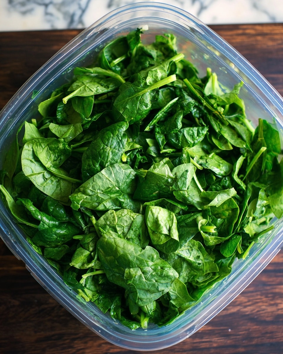 The image shows a clear container filled with fresh, chopped spinach leaves. The spinach leaves have a vibrant green color with visible veins and soft, slightly wrinkled textures. The pieces are unevenly cut, with some small stems still attached. The container sits on a dark wooden surface with a white marbled background barely visible behind it. Photo taken with an iphone --ar 4:5 --v 7