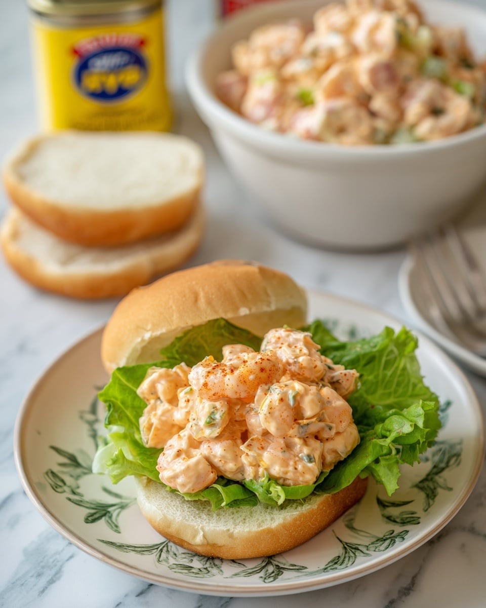 The image shows a sandwich open-faced on a white plate with a white marbled surface underneath. The sandwich has three visible layers: the bottom layer is a soft, light-colored bun, topped with fresh, green lettuce leaves that add a crisp texture, and on top there is a generous serving of creamy, light orange shrimp salad with chunks of shrimp coated in a speckled sauce that hints at spices. Next to the sandwich is the other half of the bun, plain and soft. In the background, slightly out of focus, is a white bowl filled with more shrimp salad and a yellow and blue Old Bay seasoning tin. Photo taken with an iphone --ar 4:5 --v 7