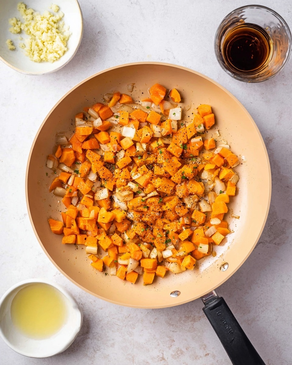 A light tan frying pan filled with small orange and white pieces of cooked vegetables spread evenly across the surface. The vegetables look soft with a slight shine and some black pepper sprinkled on top. Around the pan on a white marbled surface, there is a small white bowl holding minced garlic at the top, a short clear glass with a dark brown liquid on the upper right, and another small white bowl with a pale yellow liquid at the bottom. The pan has a black handle pointing toward the bottom right corner. photo taken with an iphone --ar 4:5 --v 7