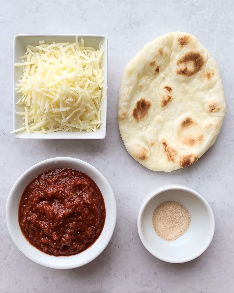 The image shows four items on a white marbled surface arranged in a grid pattern: in the top left is a square white bowl filled with shredded pale yellow cheese, top right is a round naan bread with light brown spots and a slightly uneven surface, bottom left is a round white bowl containing a chunky dark red tomato sauce, and bottom right is a small round white bowl with a small amount of light brown powder or seasoning. Photo taken with an iphone --ar 4:5 --v 7