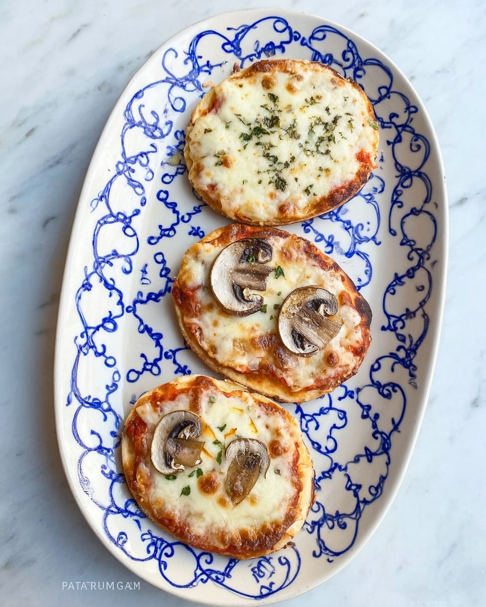 Three small round pizzas are placed side by side on an oval white plate with blue swirl and chain patterns. Each pizza has a golden brown crust base. The first and middle pizzas are topped with melted white cheese with some browning and small green herb pieces visible. The third pizza has the same melted white cheese topping but includes three brown mushroom slices arranged on top. The plate sits on a white marbled surface. Photo taken with an iphone --ar 4:5 --v 7