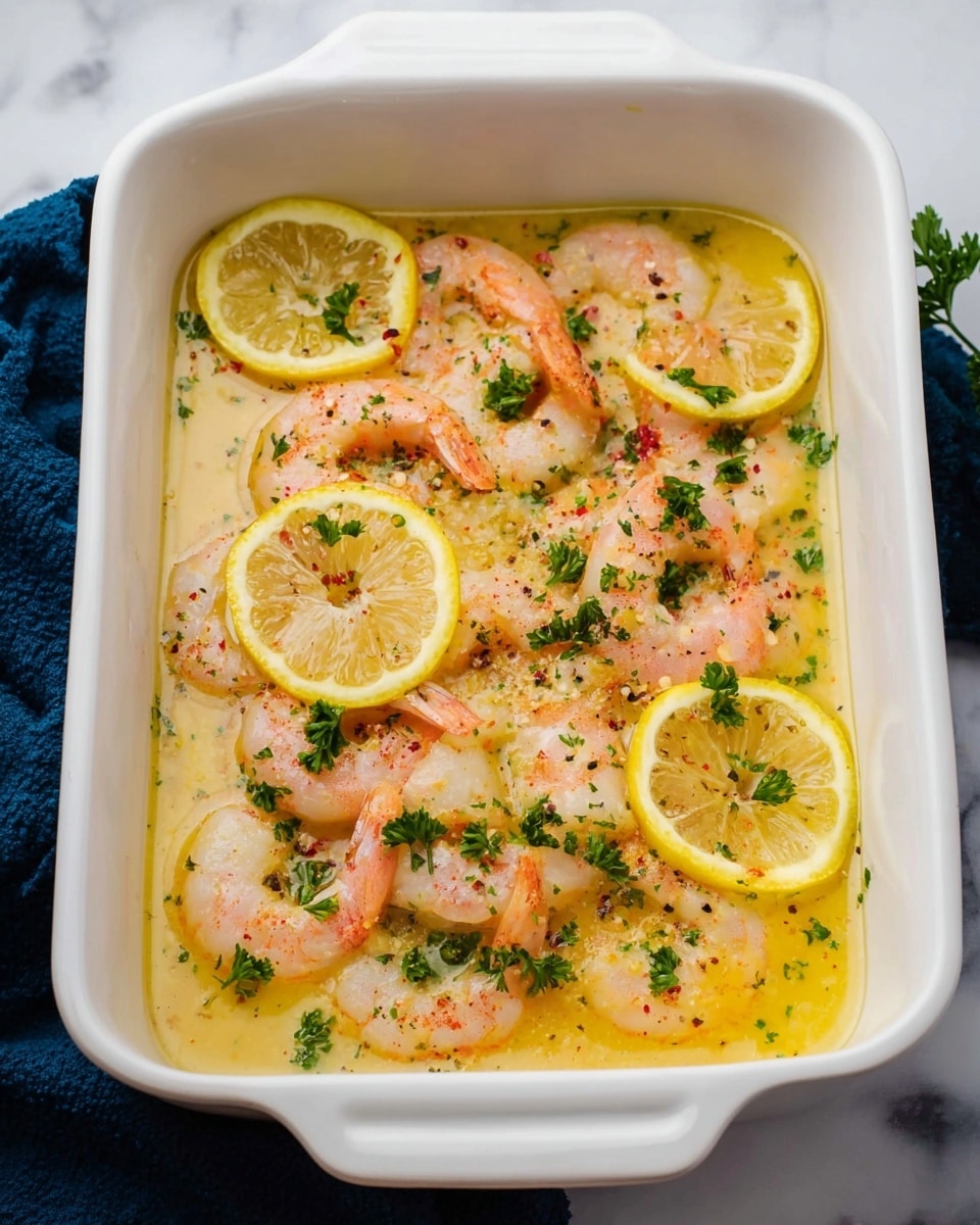 A white rectangular dish filled with cooked pink shrimp arranged evenly in a yellow sauce. There are lemon slices placed around the edges in four corners, adding bright yellow contrasts. Green parsley pieces are sprinkled on top, along with small black pepper bits. The dish sits on a white marbled surface, with a dark blue cloth peeking from the top edges. photo taken with an iphone --ar 4:5 --v 7