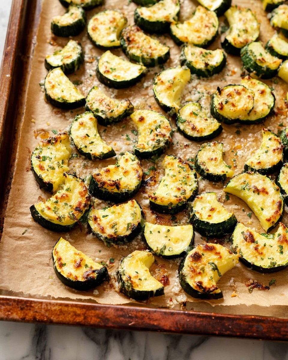 This image shows a baking tray covered with many pieces of roasted zucchini, each sliced into thick half-moons. The zucchini pieces have a green skin with a soft yellow inside that is slightly browned and crispy on top from roasting, showing small char marks and a light sprinkle of melted cheese and herbs. The baking tray has a brown parchment paper liner underneath the zucchini, which is resting on a white marbled surface in the background. photo taken with an iphone --ar 4:5 --v 7