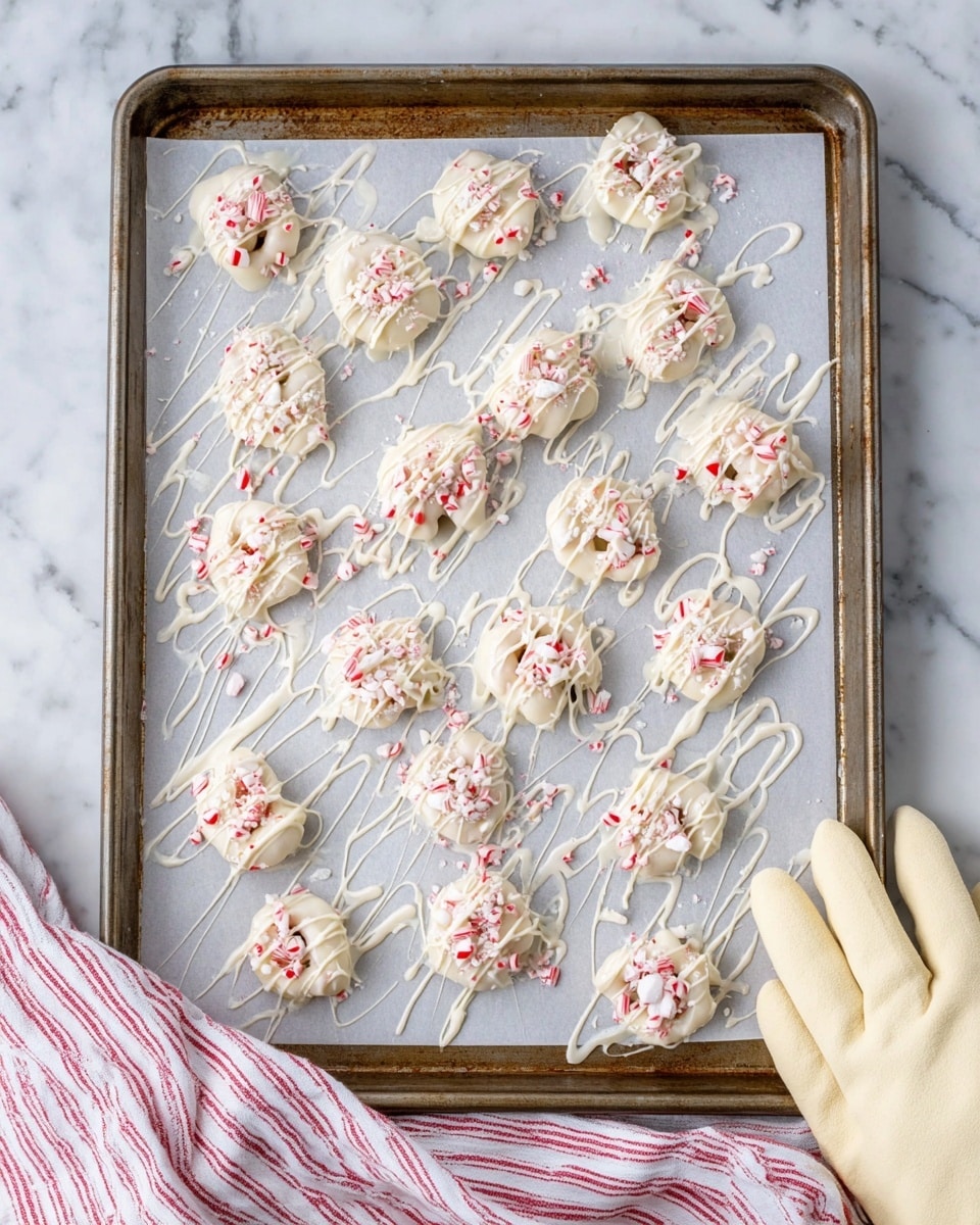 The image shows a baking tray lined with parchment paper holding about 25 small, uneven clusters of white chocolate covered pretzels. Each cluster is topped with crushed red and white peppermint candy pieces and drizzled with extra white chocolate, creating thin streaks across the tray. The pretzels peek through the white chocolate, adding a subtle texture and light brown color. A white marbled surface is visible beneath the tray, and a woman's hand wearing a light yellow glove holds the tray's edge on the bottom right corner. A red and white striped cloth partially shows under the tray. Photo taken with an iphone --ar 4:5 --v 7