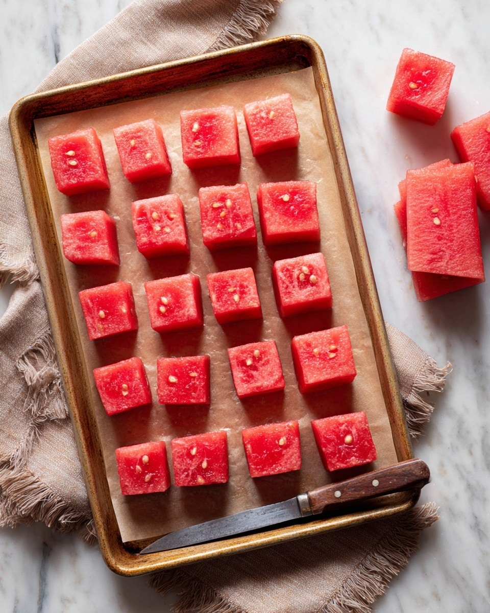 The image shows a baking tray lined with brown parchment paper holding 28 evenly spaced watermelon cubes arranged in four rows and seven columns. Each cube is bright red with small seeds visible on some pieces, showing a juicy texture. Below the tray is a brown cloth with fringed edges, and a steel knife with an air pocket blade rests on the white marbled surface. On the bottom right corner, three extra watermelon pieces lay on the surface, including one rectangular slice. The photo taken with an iphone --ar 4:5 --v 7