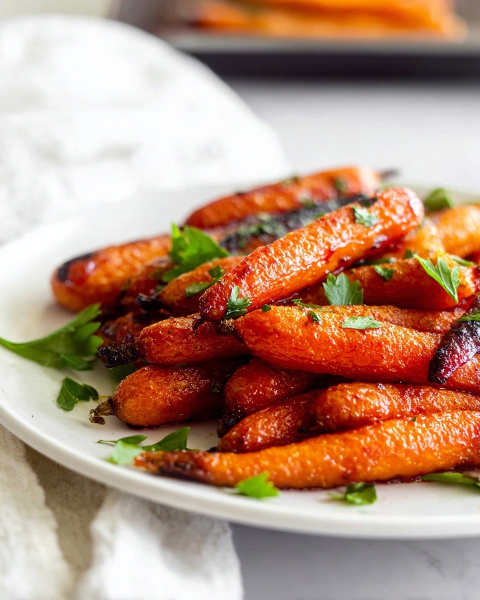 The image shows a white plate filled with roasted baby carrots that have a shiny, slightly darkened glaze and some burnt edges. The carrots are stacked loosely with several bright green parsley leaves sprinkled on top for color contrast. The plate sits on a white marbled surface with a blurry background showing a baking pan and some white fabric. The focus is on the carrots, emphasizing their texture and roasted color. photo taken with an iphone --ar 4:5 --v 7