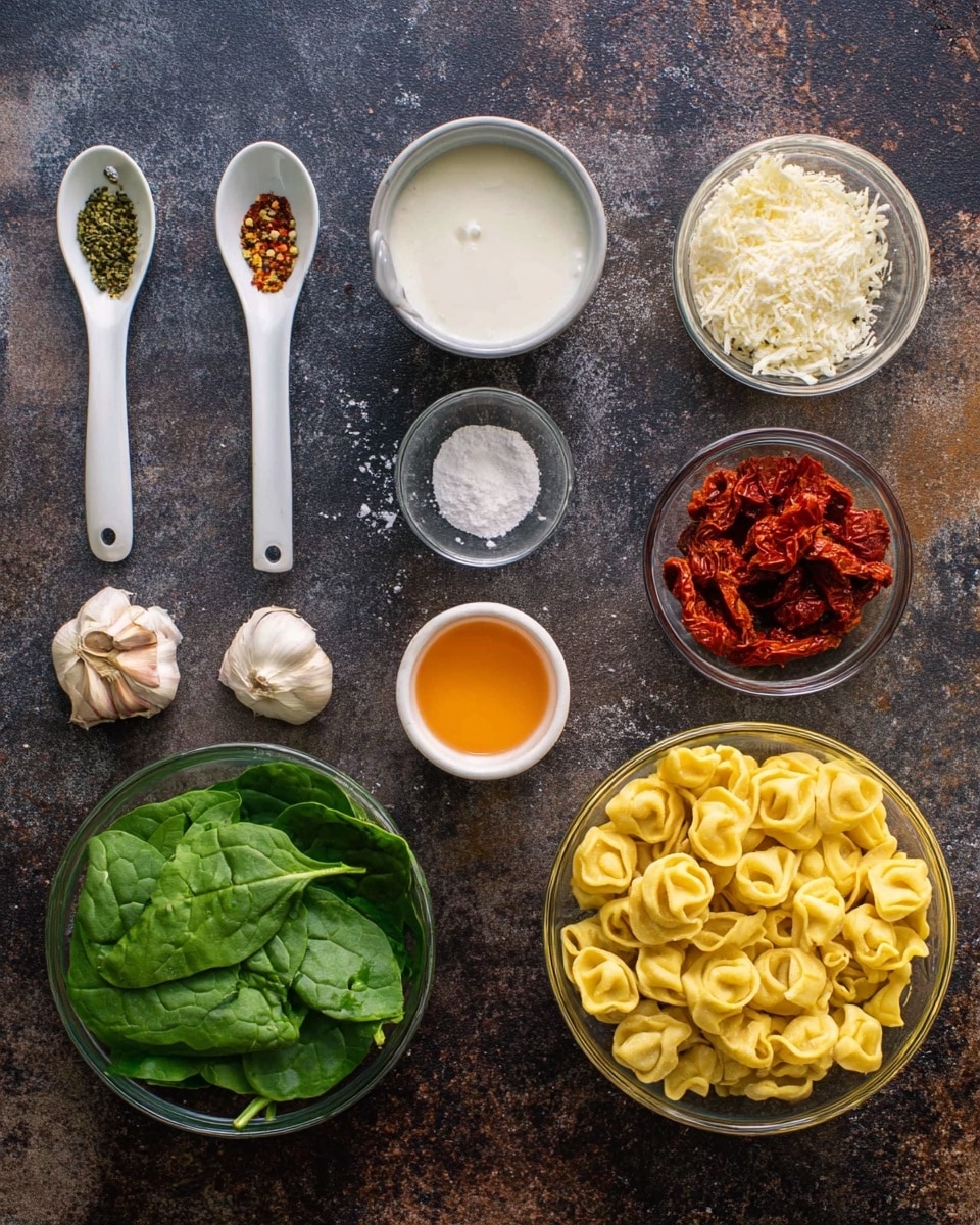 A top view of separate cooking ingredients arranged on a dark textured surface, including two white ceramic spoons with green and red spices, three garlic cloves, a small round glass bowl with white and black salt, a white ceramic cup filled with grated cheese, a round glass bowl of white cream, a small round glass bowl of white flour, a white ceramic spoon holding an orange liquid, a round glass bowl filled with fresh green spinach leaves, another round glass bowl with red sun-dried tomatoes, and a larger round glass bowl filled with yellow tortellini pasta. photo taken with an iphone --ar 4:5 --v 7