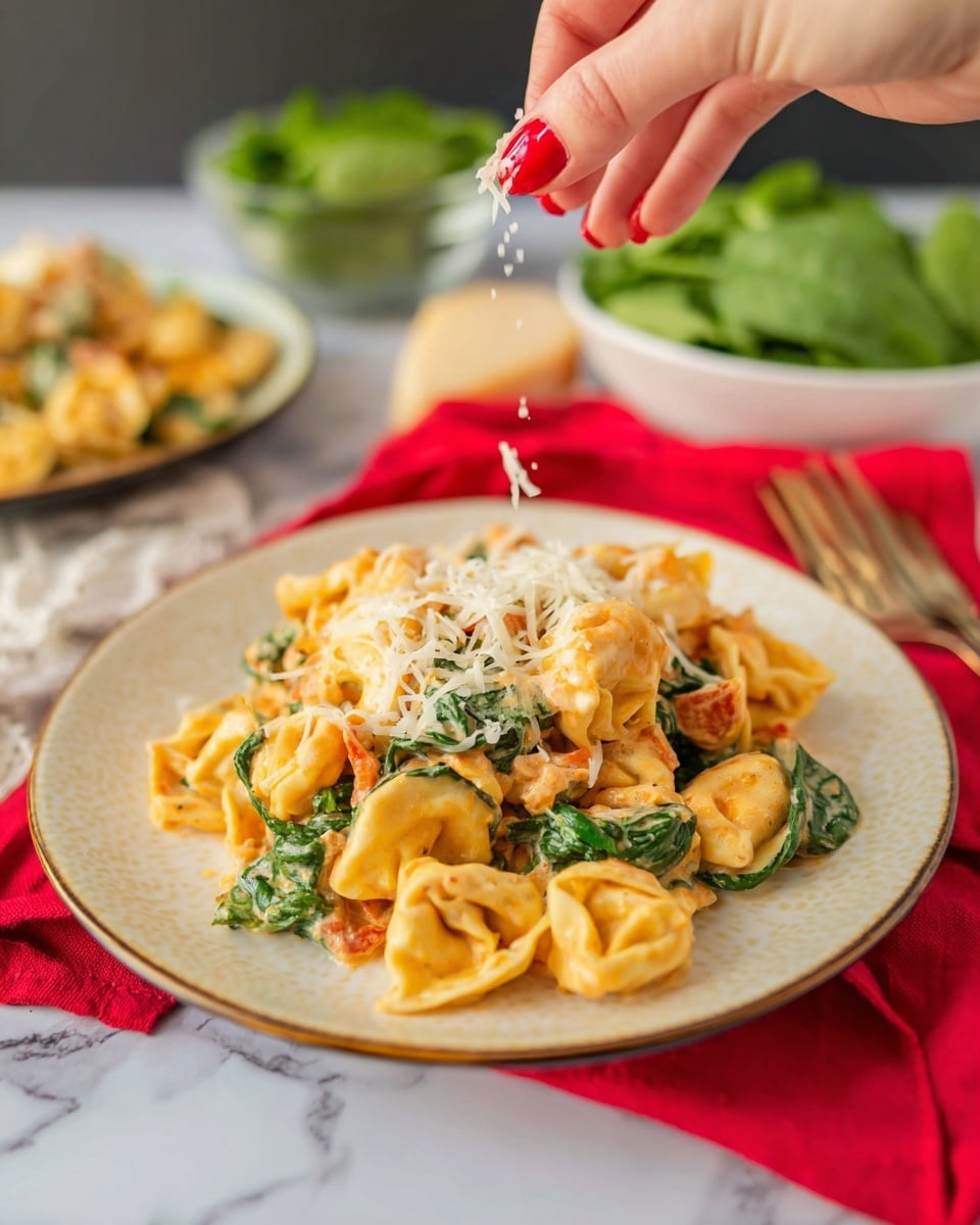 A plate with a creamy tortellini pasta dish serves as the main focus, showing about three layers: a bottom layer of folded pasta shapes with a light orange sauce, a middle layer of bright green spinach leaves mixed in, and a top layer of shredded white cheese falling softly from a woman's hand with red nail polish above. In the background, a bowl of fresh spinach and another plate of the same pasta are blurred, all set on a white marbled surface with a red cloth nearby. Photo taken with an iphone --ar 4:5 --v 7