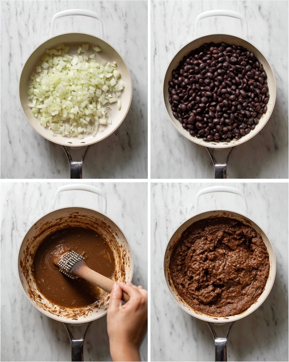 The image shows four steps in one white skillet on a white marbled surface, arranged in a 2x2 grid. In the first frame (top left), there are small white and pale yellow chopped onions spread evenly in the pan. The second frame (top right) shows the skillet filled nearly to the top with whole black beans and thick brownish liquid around them. The third frame (bottom left) has the same beans and sauce but a woman's hand is holding a potato masher mashing them slightly, creating a mix of whole and mashed beans with more texture. The fourth frame (bottom right) shows the beans fully mashed into a thick, chunky brown paste with some whole beans still visible. Photo taken with an iphone --ar 4:5 --v 7