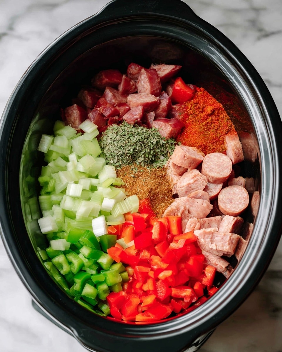 A black slow cooker filled with several layers of ingredients arranged in color groups: on the left, light green diced celery and dark red diced tomatoes, towards the bottom left, chopped green bell peppers and bright red chopped bell peppers, in the center, two piles of dried green herbs and a heap of brownish-orange spice, on the right side, pale pieces of raw chicken and several thick slices of light pink sausage, all ingredients look fresh and raw. The slow cooker sits on a white marbled surface. photo taken with an iphone --ar 4:5 --v 7