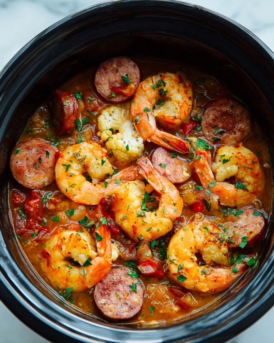 The image shows a close-up of a ladle filled with a colorful stew full of shrimp, sausage slices, and small cauliflower pieces. The stew has a rich, thick broth with red and green diced vegetables and herbs scattered throughout. The shrimp are orange with white stripes, curved around and mixed closely with round slices of brown sausage and pale yellow cauliflower. The ladle is lifted above a pot of the same stew, with more shrimp, cauliflower, and sausage visible in the background. The photo is taken on a white marbled surface. photo taken with an iphone --ar 4:5 --v 7