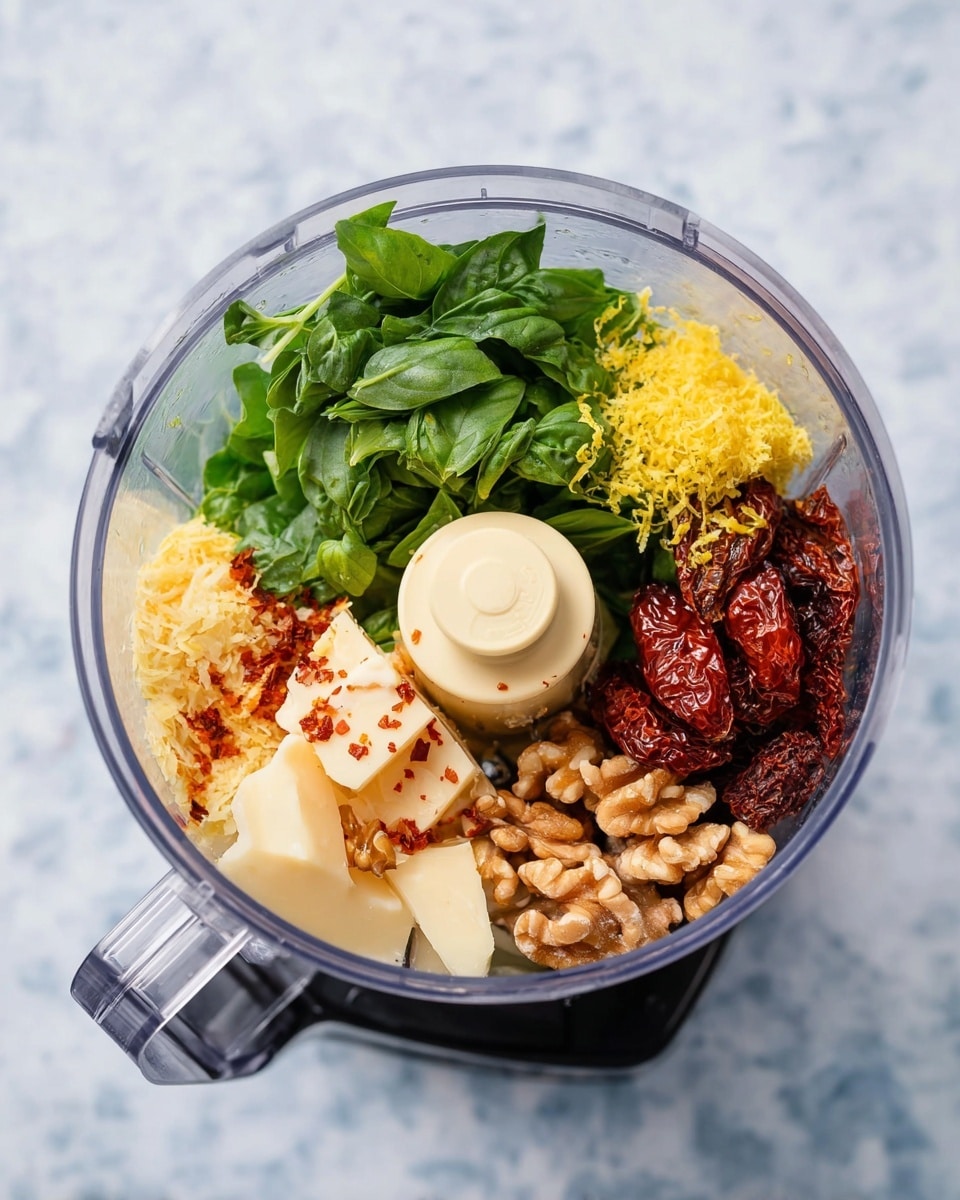 A clear food processor bowl filled with separate layers of ingredients: bright green fresh basil leaves on the left side, yellow lemon zest scattered on top near the center, dark red sun-dried tomatoes arranged on the right side, light tan whole walnuts grouped near the bottom right, white garlic cloves and chunks of pale yellow cheese placed near the bottom left, sprinkled with a few red chili flakes on the cheese. The bowl sits on a white marbled surface. photo taken with an iphone --ar 4:5 --v 7