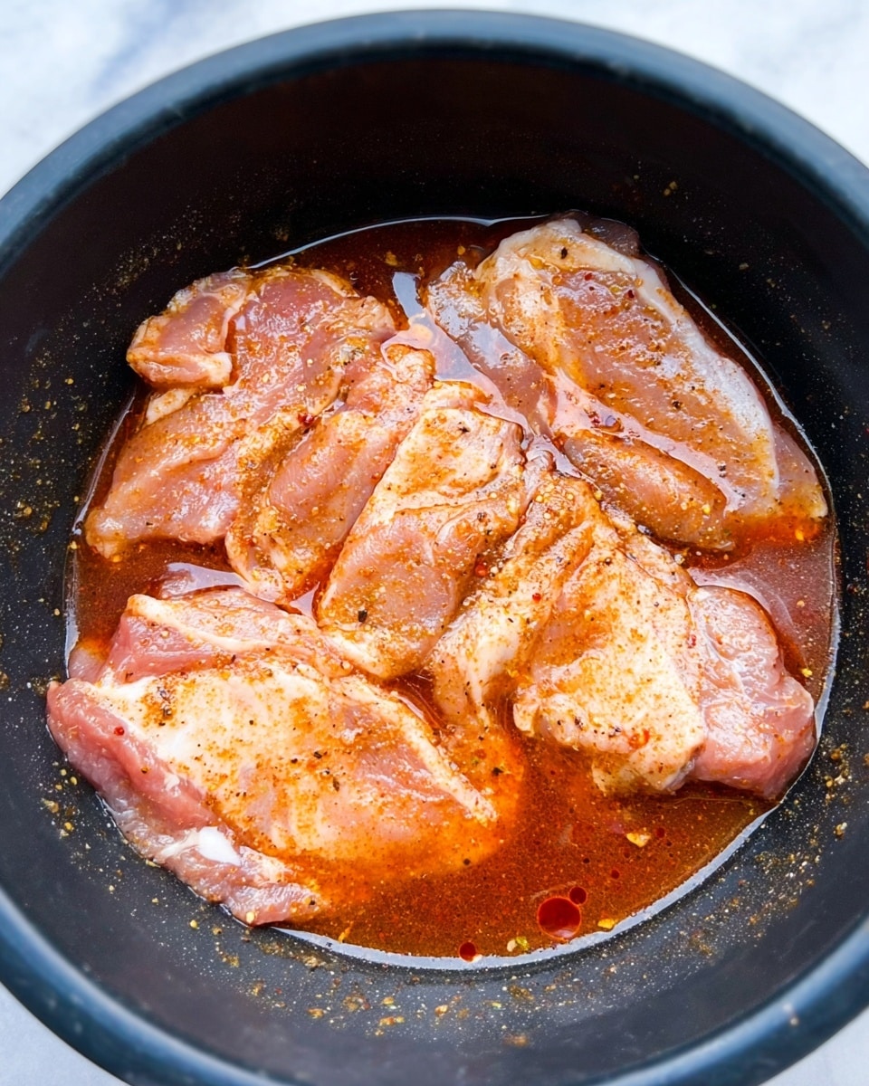 The image shows several pieces of raw light pink meat soaked in a reddish-brown liquid marinade in a black round container. The meat pieces are arranged flat and closely together, partially overlapping in some areas. The marinade has a smooth texture with a few seasoning specks visible on the meat. The container edges have small droplets of the marinade near the surface. The background is a white marbled texture photo taken with an iphone --ar 4:5 --v 7