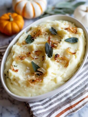 French Mashed Potatoes with Crispy Sage and Shallot Garnish Recipe