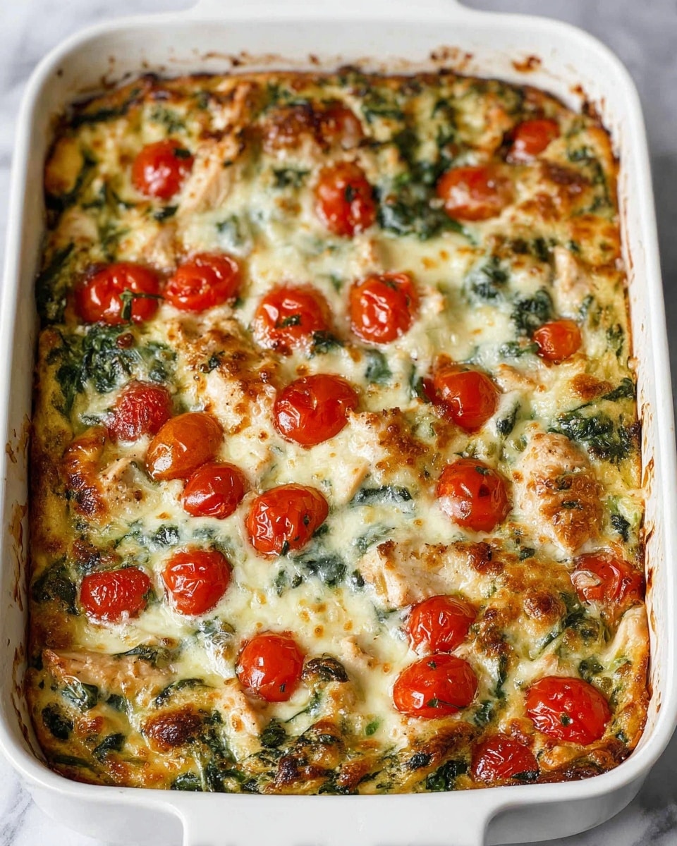 A baked dish in a white rectangular ceramic dish sits on a white marbled surface. The top layer has small red cherry tomatoes scattered evenly, lightly browned melted cheese covering the dish with a creamy, slightly bubbly texture. Beneath the cheese, there are light golden pieces of cooked chicken and bright green spinach leaves spread throughout. The edges of the dish have a slight golden crust, showing it was baked, with some dark spots where the cheese browned more. The mixture of colors includes creamy white cheese, red tomatoes, green spinach, and browned chicken, making it look rich and hearty. Photo taken with an iphone --ar 4:5 --v 7