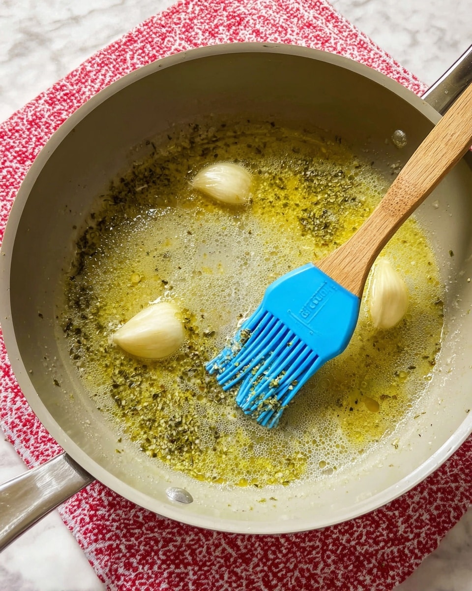 A light gray pan filled with a bubbling yellow-green mixture of melted butter and herbs, with two whole garlic cloves partially submerged in the liquid. A blue silicone brush with a wooden handle is stirring the contents, showing some herbs stuck in the bristles. The pan sits on a white marbled surface over a red and white patterned cloth. Photo taken with an iphone --ar 4:5 --v 7