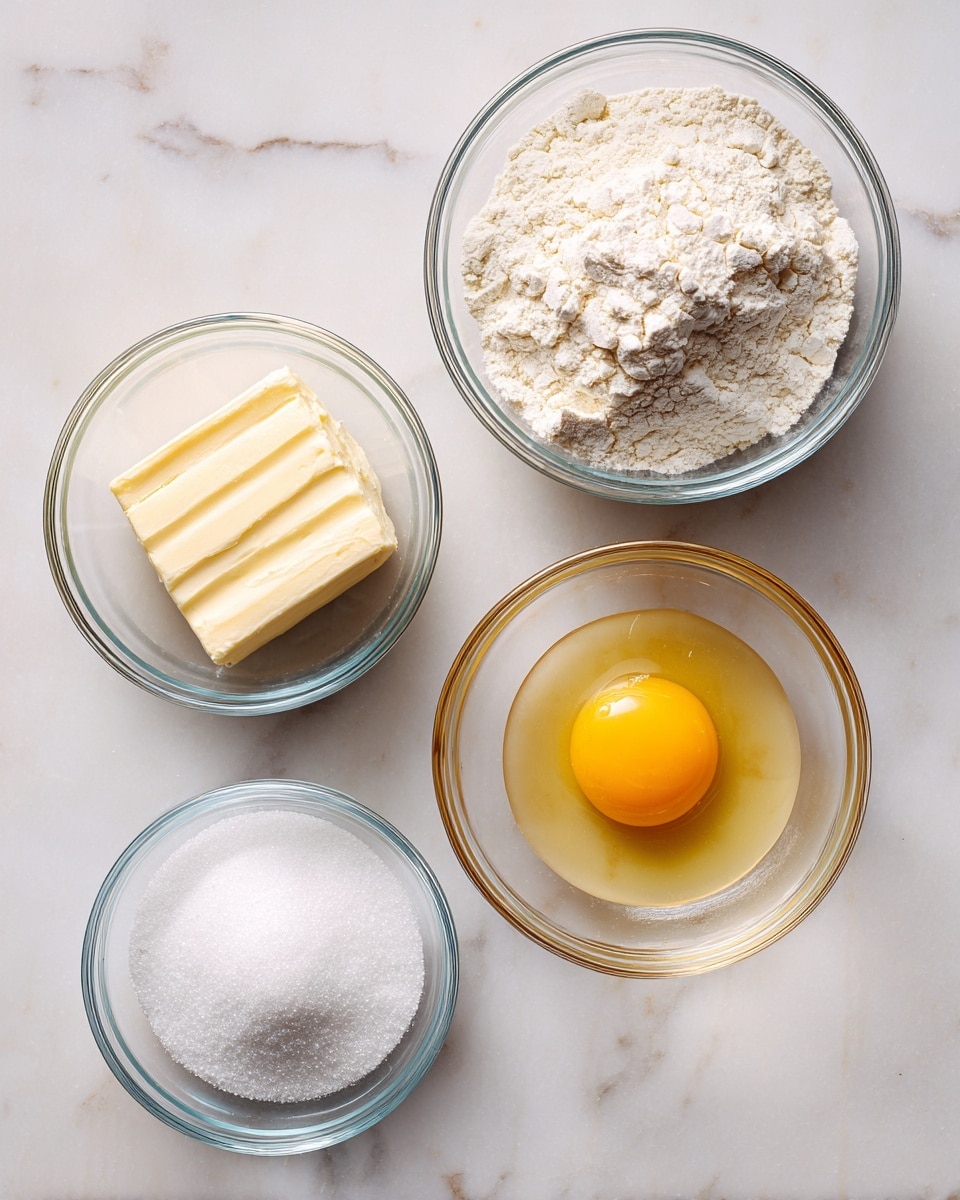 The image shows four clear glass bowls on a white marbled surface, each containing different baking ingredients. The top right bowl holds one raw egg with a bright yellow yolk surrounded by translucent egg white. Below it, a larger bowl contains a mix of flour, baking soda, and salt in white and off-white shades with a powdery texture. To the left of the egg, another bowl holds a solid, pale yellow block of butter with smooth edges. The bottom left bowl contains white granulated sugar, showing a slightly shiny texture under the light. Each bowl is spaced evenly, and the overall scene has a clean and simple look. Photo taken with an iphone --ar 4:5 --v 7