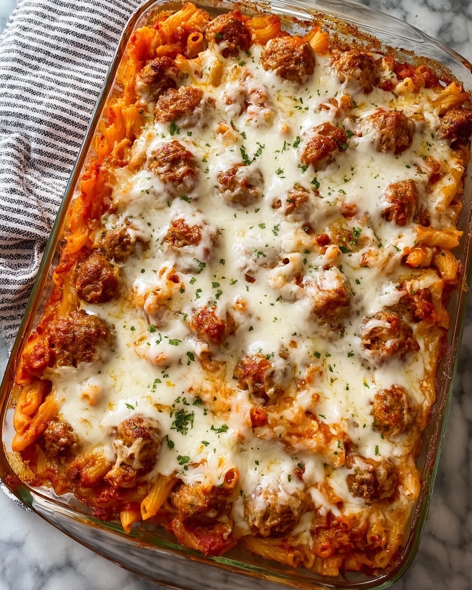 This baked dish in a clear rectangular glass pan has three main layers: at the bottom, there is a layer of red tomato sauce mixed with short, tubular pasta pieces in an orange hue; the middle layer contains round, browned meatballs scattered evenly; the top layer is covered with melted white cheese that stretches lightly over the pasta and meatballs, sprinkled with small bits of green herbs. The edges of the pan show some sauce residue and cheese bubbles. The dish sits on a white marbled textured surface with a striped cloth nearby. Photo taken with an iphone --ar 4:5 --v 7