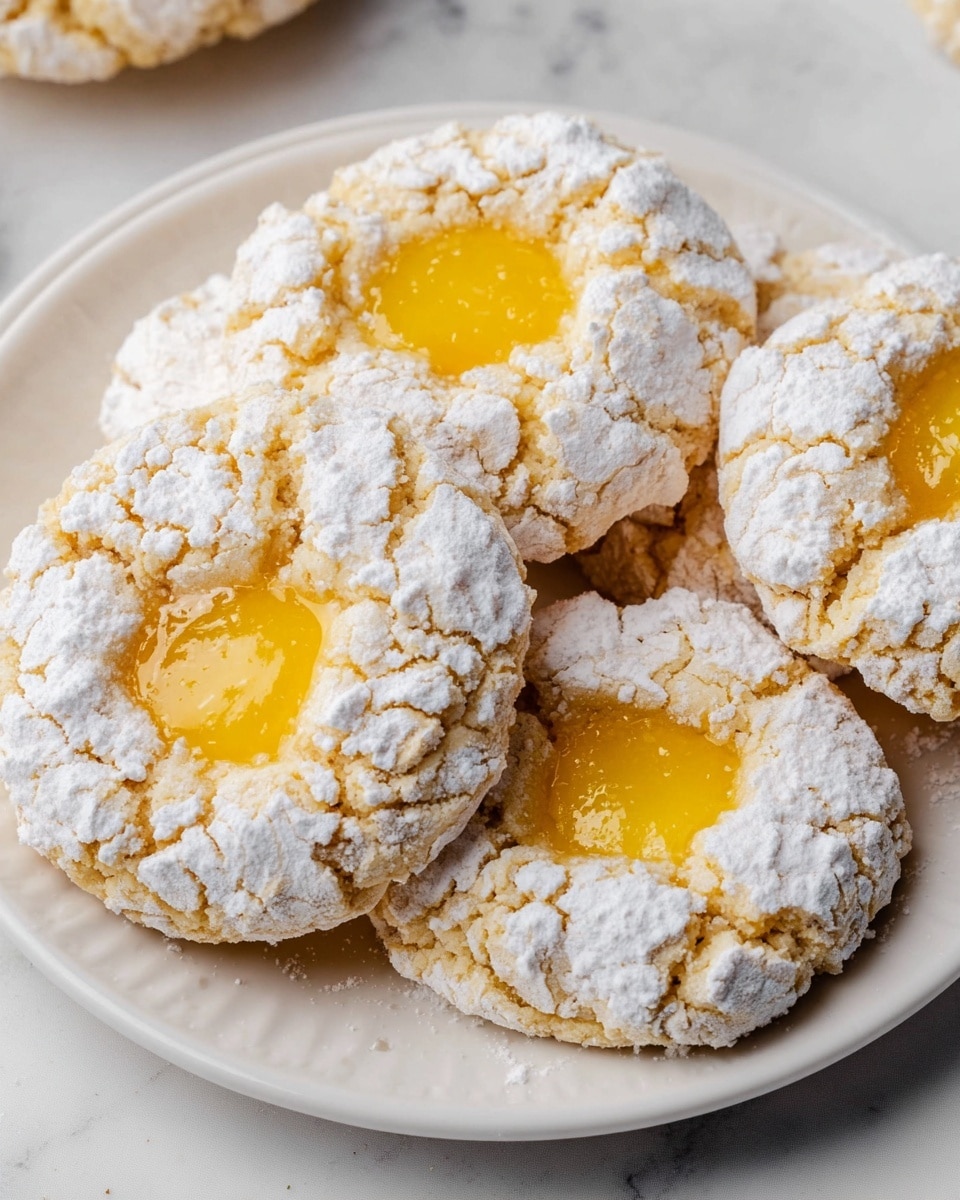 The image shows four round cookies placed on a white plate over a white marbled surface. Each cookie has a cracked, light beige outer layer covered with powdery white sugar, creating a rough, crumbly texture. The center of each cookie has a smooth, glossy golden-yellow filling that contrasts with the powdered sugar edges. The cookies are closely arranged, with a slight shadow beneath them, highlighting their soft and crumbly texture. Photo taken with an iphone --ar 4:5 --v 7
