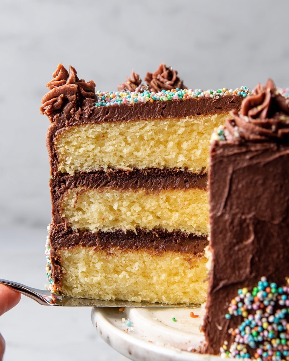 A close-up of a slice of layer cake held by a woman's hand holding a silver cake server on the left side, showing three thick yellow cake layers separated by two layers of smooth dark chocolate frosting. The outside is fully covered with the same chocolate frosting, decorated with small piped swirls on the corners, each topped with tiny colorful round sprinkles. The cake sits on a white plate with a white marbled surface in the background. The texture of the cake layers looks soft and moist, while the chocolate frosting appears creamy and rich. photo taken with an iphone --ar 4:5 --v 7