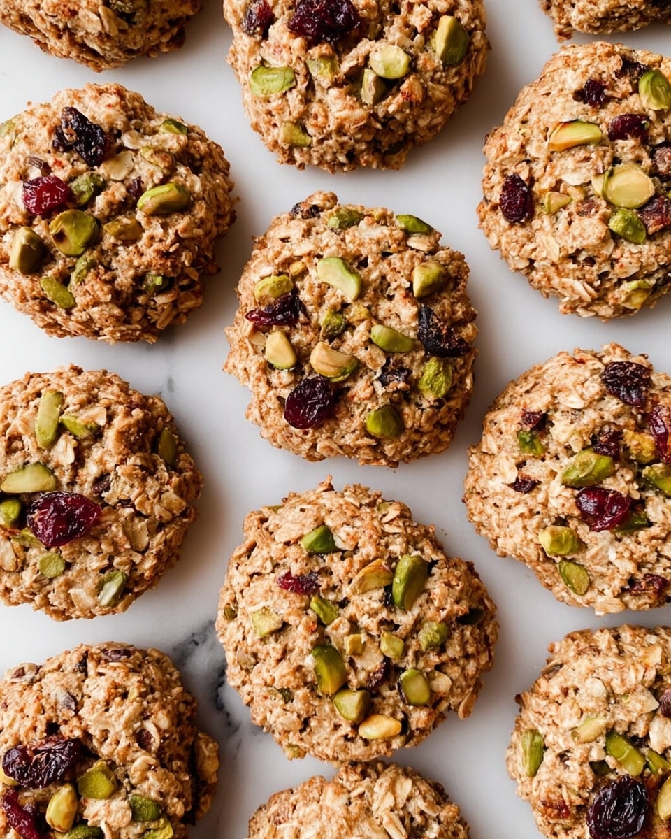 The image shows many round oatmeal cookies arranged close together on a white marbled surface. Each cookie has a rough, crumbly texture with visible oats and bits of nuts, mostly green pistachios, and dark red dried cranberries scattered on top. The cookies are light brown with the nuts and fruit pieces adding pops of color across their surfaces. The cookies appear evenly baked with a slightly rough top layer. photo taken with an iphone --ar 4:5 --v 7