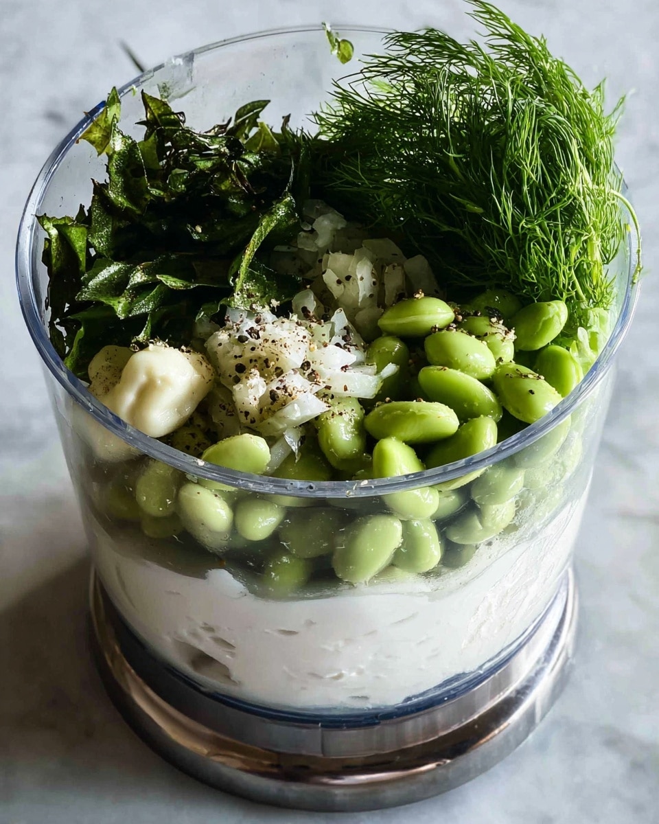 Inside a clear blender container, several layers of ingredients are visible: at the bottom, a thick, white creamy layer; above that, a heap of smooth, light green broad beans mixed with small white onion pieces and black pepper specks; to one side, dark green leafy herbs with visible salt crystals sprinkled on top; and behind, a bunch of fine, feathery green dill forms the top layer. The container has a shiny metallic base and is placed on a white marbled surface photo taken with an iphone --ar 4:5 --v 7