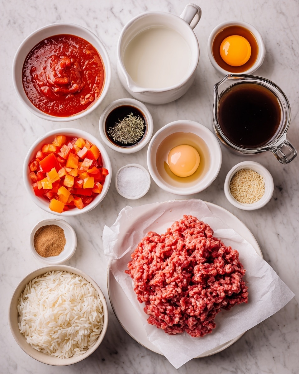 The image shows raw ground beef placed on white parchment paper on a white plate in the center. Around it are small white bowls and cups containing various ingredients: deep red tomato sauce, diced tomatoes in a vibrant mix of red and orange chunks, dark red ketchup, dark brown Worcestershire sauce, brown sugar, light beige garlic powder, onion powder, pale yellow thyme, black pepper, two small bowls of salt, and Italian seasoning, all in earthy tones. There is also a clear glass cup with dark brown beef broth, a small white bowl with uncooked white rice grains, a small glass jar of white milk, and a white cup holding a single raw egg. The items are arranged neatly on a white marbled surface with good lighting. Photo taken with an iphone --ar 4:5 --v 7