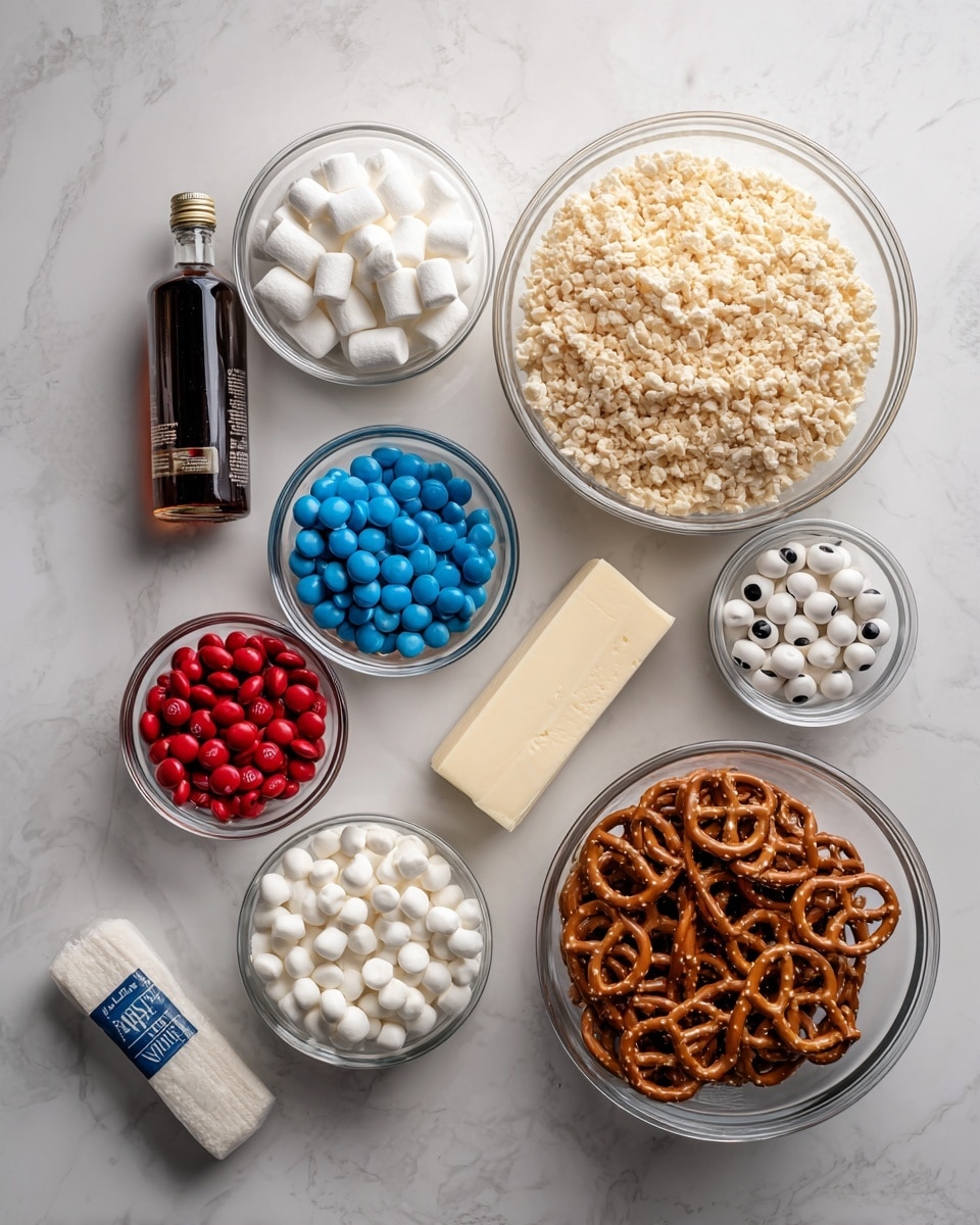 The image shows eight ingredients arranged on a white marbled surface. At the top right is a clear glass bowl filled with small white mini marshmallows, next to it on the left is a dark bottle of vanilla extract. Below the marshmallows, to the right, is a large clear glass bowl filled with light tan Rice Krispie cereal. To the left of the cereal is a small clear glass bowl holding red M&M candies. Below the M&Ms is another small clear glass bowl with round white candy melts. At the bottom center is a white bowl with white candy eyes that have black centers. To the right of the candy eyes is a clear glass bowl containing chocolate-covered pretzels. A stick of salted butter wrapped in cream and blue paper is placed on the surface toward the bottom left. All items are neatly spaced and clearly labeled. Photo taken with an iphone --ar 4:5 --v 7