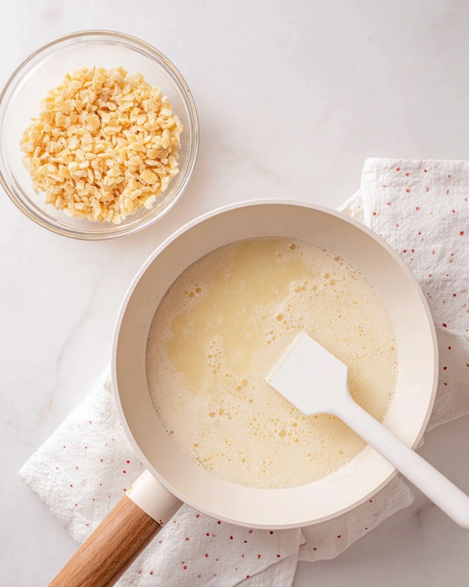 A white pan with light brown wooden handles contains a creamy, foamy, pale yellow liquid being stirred by a white spatula with a long handle. Above and slightly to the right, there is a clear glass bowl filled with small, pale yellow crunchy pieces. The items sit on a white marbled surface with a white cloth that has small red dots partly under the pan. The scene is bright and clean with soft colors, focusing on the textures of the liquid and the crunchy pieces. Photo taken with an iphone --ar 4:5 --v 7
