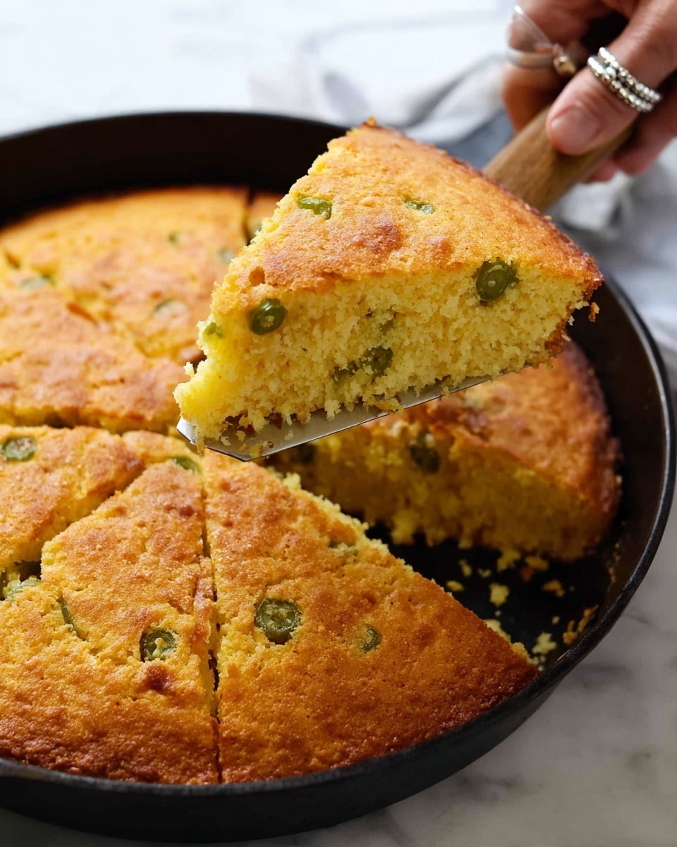 A thick, golden brown cornbread with a slightly rough texture and visible pieces of green jalapeño inside, baked in a black pan. One large triangular slice is lifted by a metal spatula with a wooden handle held by a woman's hand wearing a silver ring. The inside of the cornbread is moist and yellow with a crumbly texture. The background has a white marbled texture photo taken with an iphone --ar 4:5 --v 7